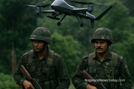 Indian soldiers in camouflage with a military drone flying above in a jungle region of Eastern Nagaland