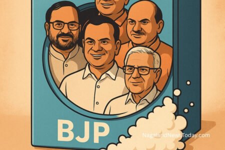 Illustration of five smiling politicians emerging from a blue washing machine labeled “BJP,” with soap bubbles at the bottom.