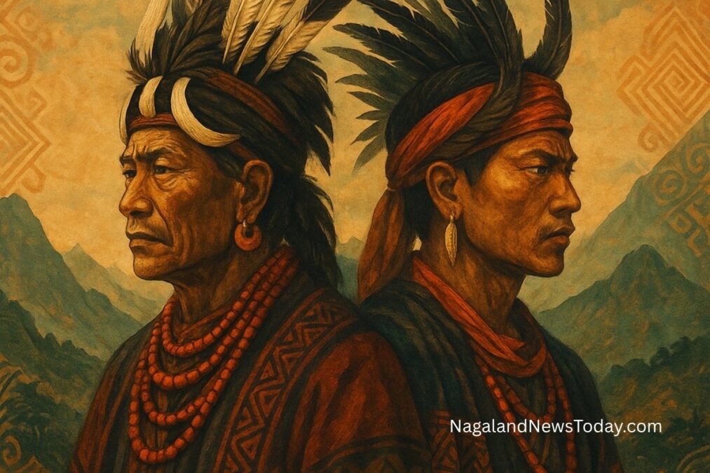Two Kuki tribal men in traditional attire standing back-to-back