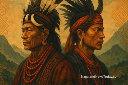 Two Kuki tribal men in traditional attire standing back-to-back