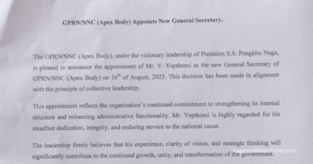 GPRN/NNC appoints V. Yepthomi as new General Secretary