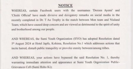 Sümi Youth Organization directs two Facebook users to appear before its grievances