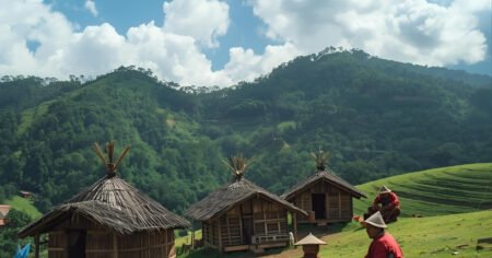 Traditional huts in a hilly village landscape representing the Konyak community in Nagaland.