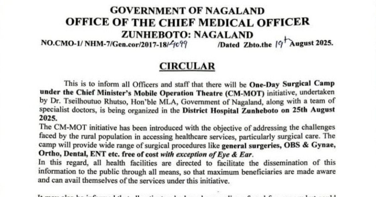 Free surgical camp at District Hospital Zunheboto under CM-MOT initiative