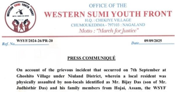 WSYF communiqué expelling non-local Assam family after Niuland assault