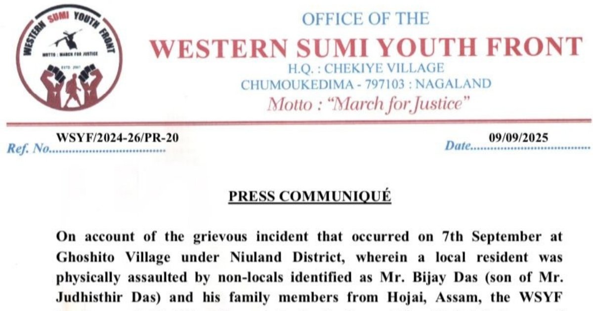 WSYF communiqué expelling non-local Assam family after Niuland assault