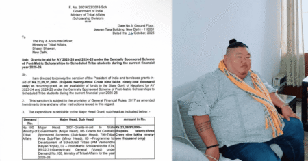 Official sanction letter for ₹23.09 crore Post-Matric Scholarship grant for ST students in Nagaland, issued by the Ministry of Tribal Affairs.