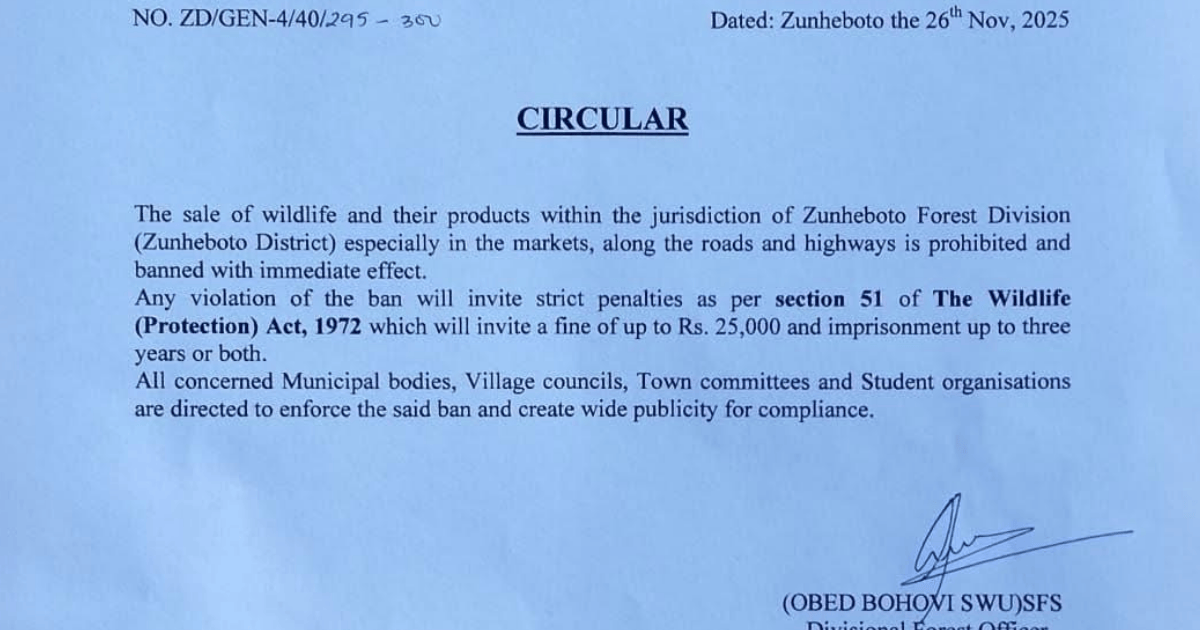Zunheboto Wildlife Ban circular issued by the Forest Department