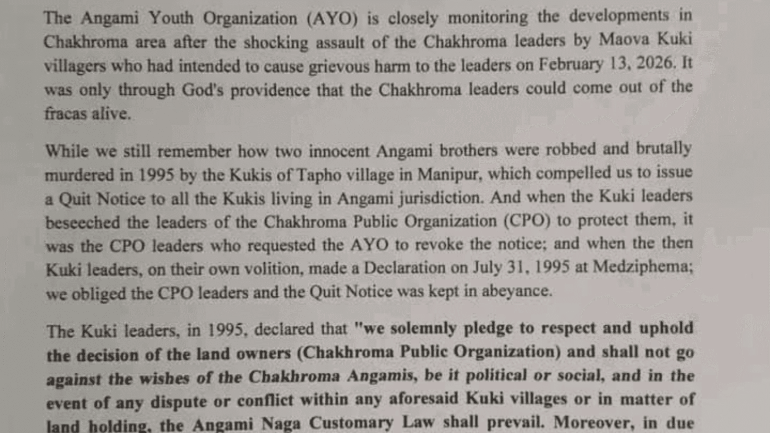 Angami Youth Organization press release on Chakroma assault and Maova Kuki issue dated February 21, 2026
