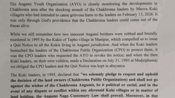 Angami Youth Organization press release on Chakroma assault and Maova Kuki issue dated February 21, 2026
