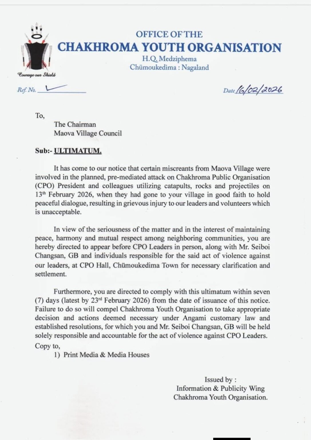 Chakhrama Youth Organisation ultimatum letter issued to Maova Village Council over alleged CPO attack in Chümoukedima