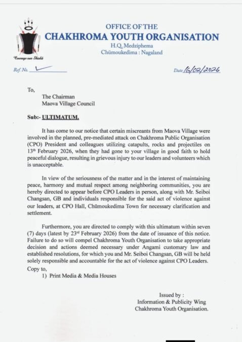Chakhrama Youth Organisation Issues Ultimatum to Maova Village Council Chakhrama Youth Organisation ultimatum letter issued to Maova Village Council over alleged CPO attack in Chümoukedima