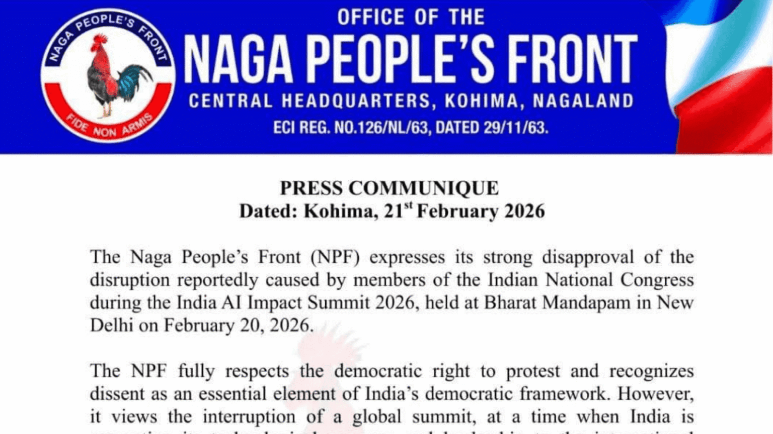 Naga People’s Front press communiqué on India AI Impact Summit 2026 disruption