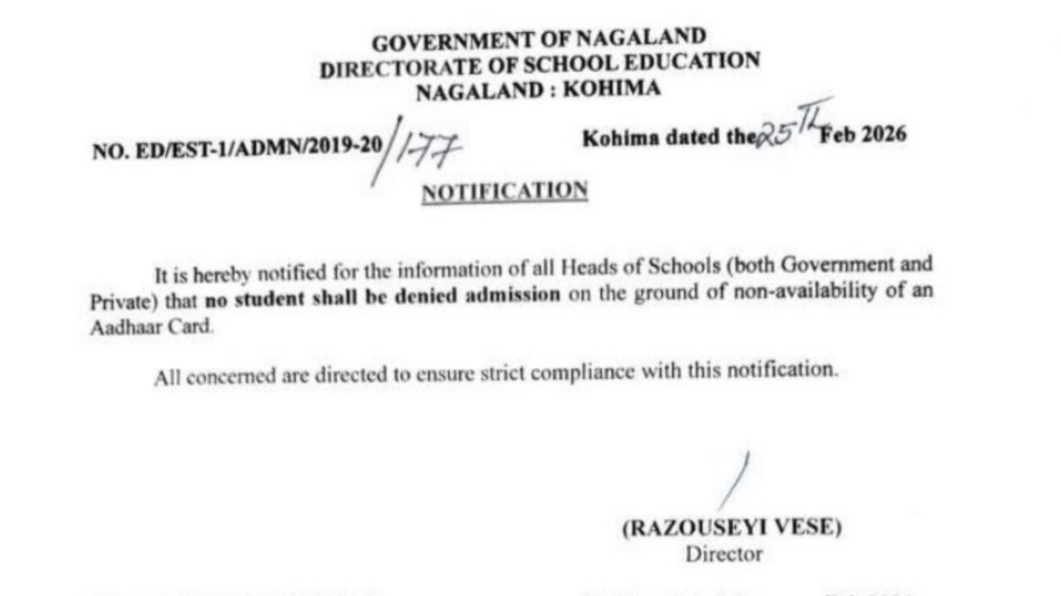 Official notification issued by Directorate of School Education Nagaland in February 2026
