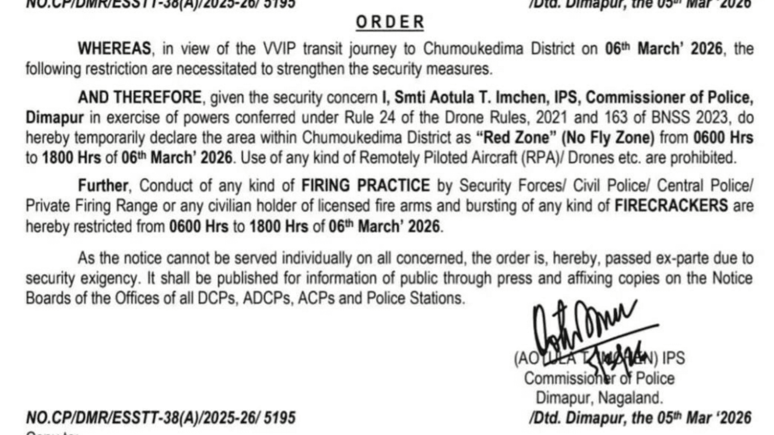 Chumoukedima Red Zone order issued by Dimapur Police for VVIP transit security.